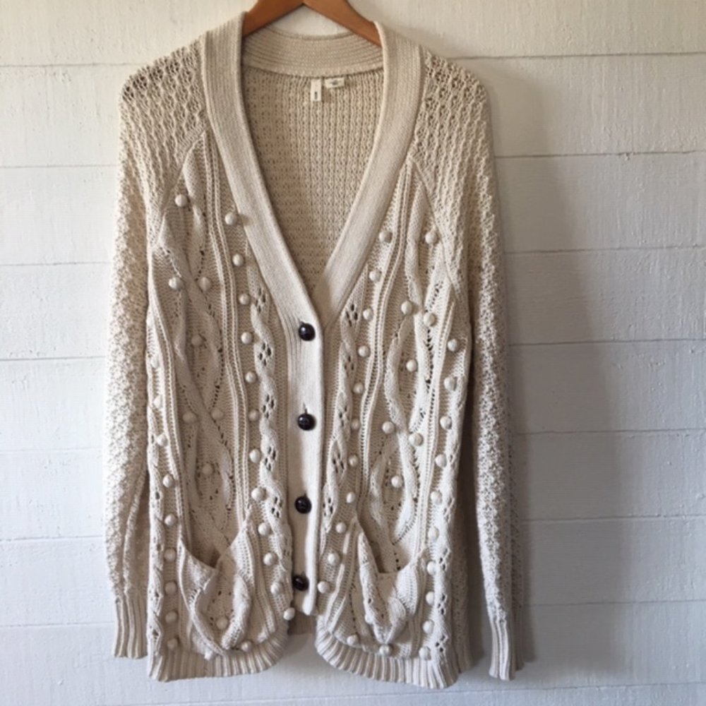 Anthropologie Moth Beige Pom Pom Cotton Cardigan